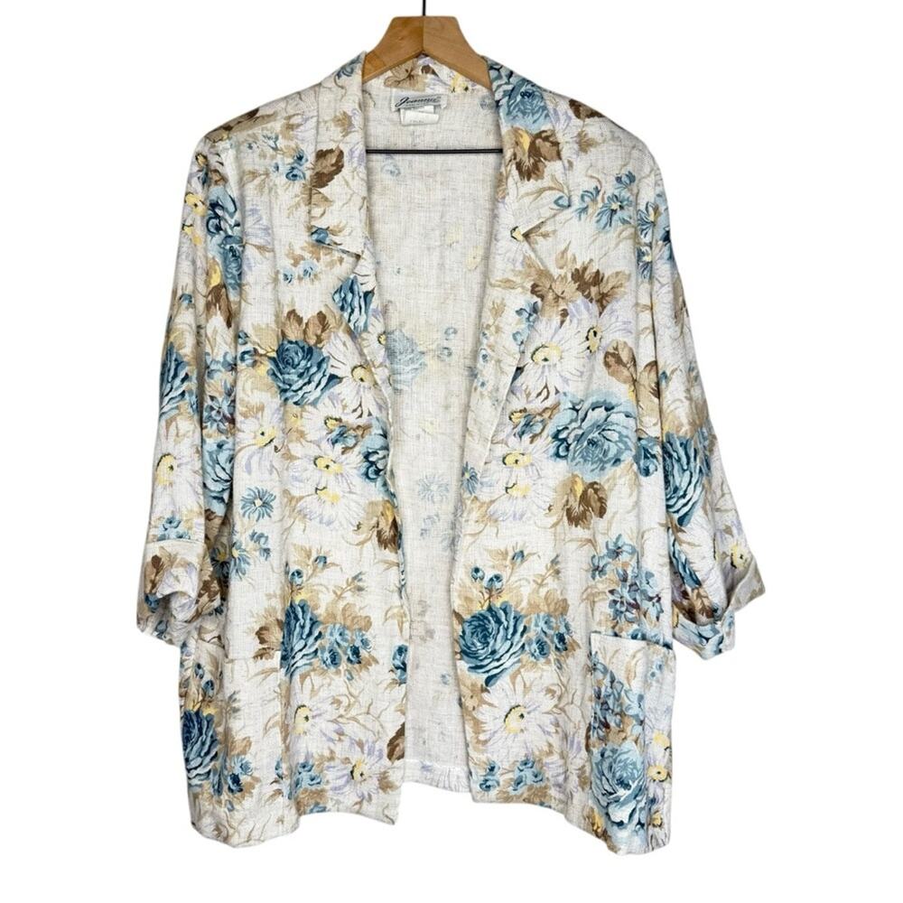 Vintage 90s Joanna Floral Blazer Jacket Linen Flax Blend Made in USA Size Large